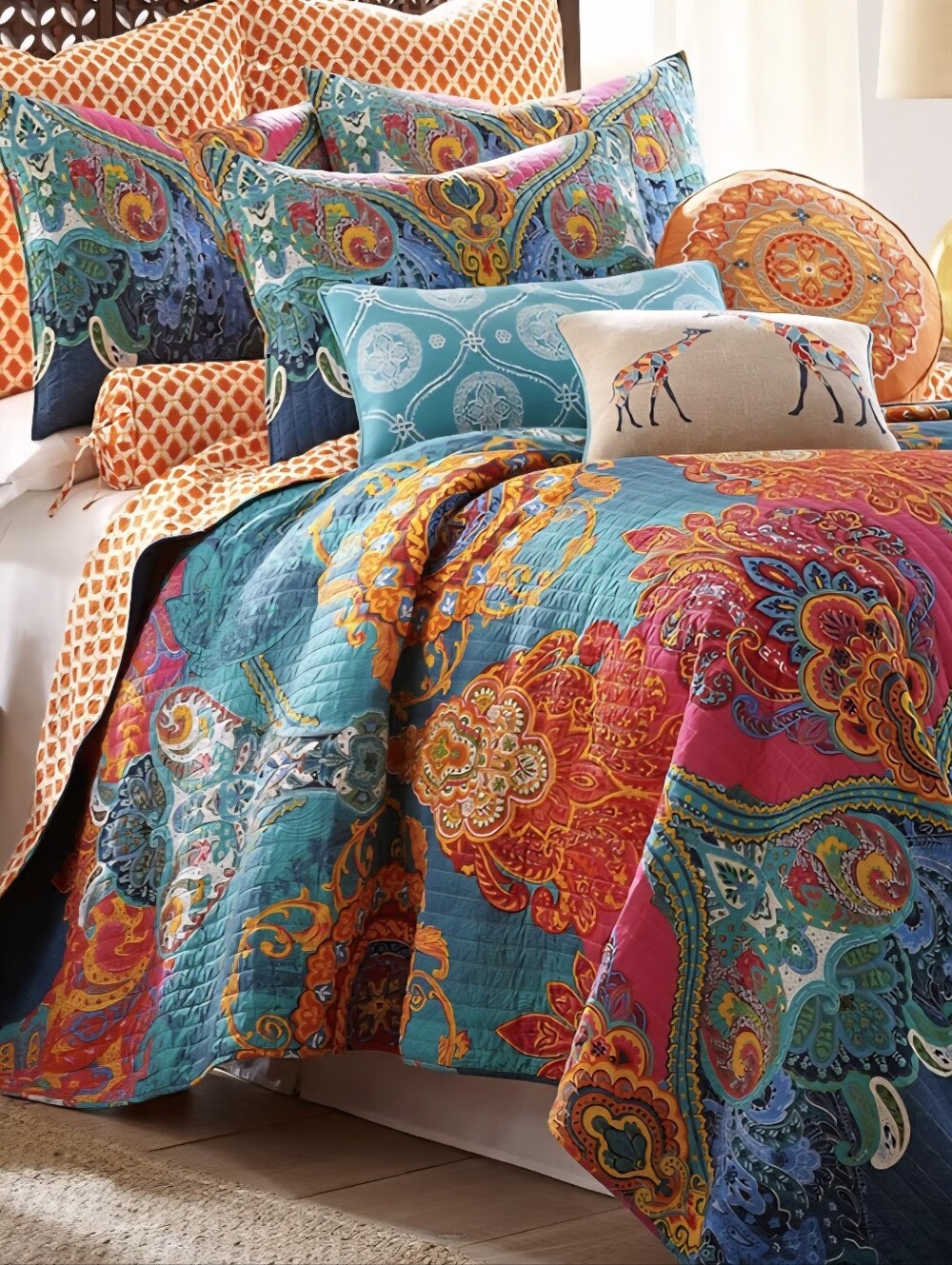 LEVTEX Mackenzie Vibrant Teal & Fuchsia Boho Eclectic Quilted Bedspread & Shams - Picture 4 of 6